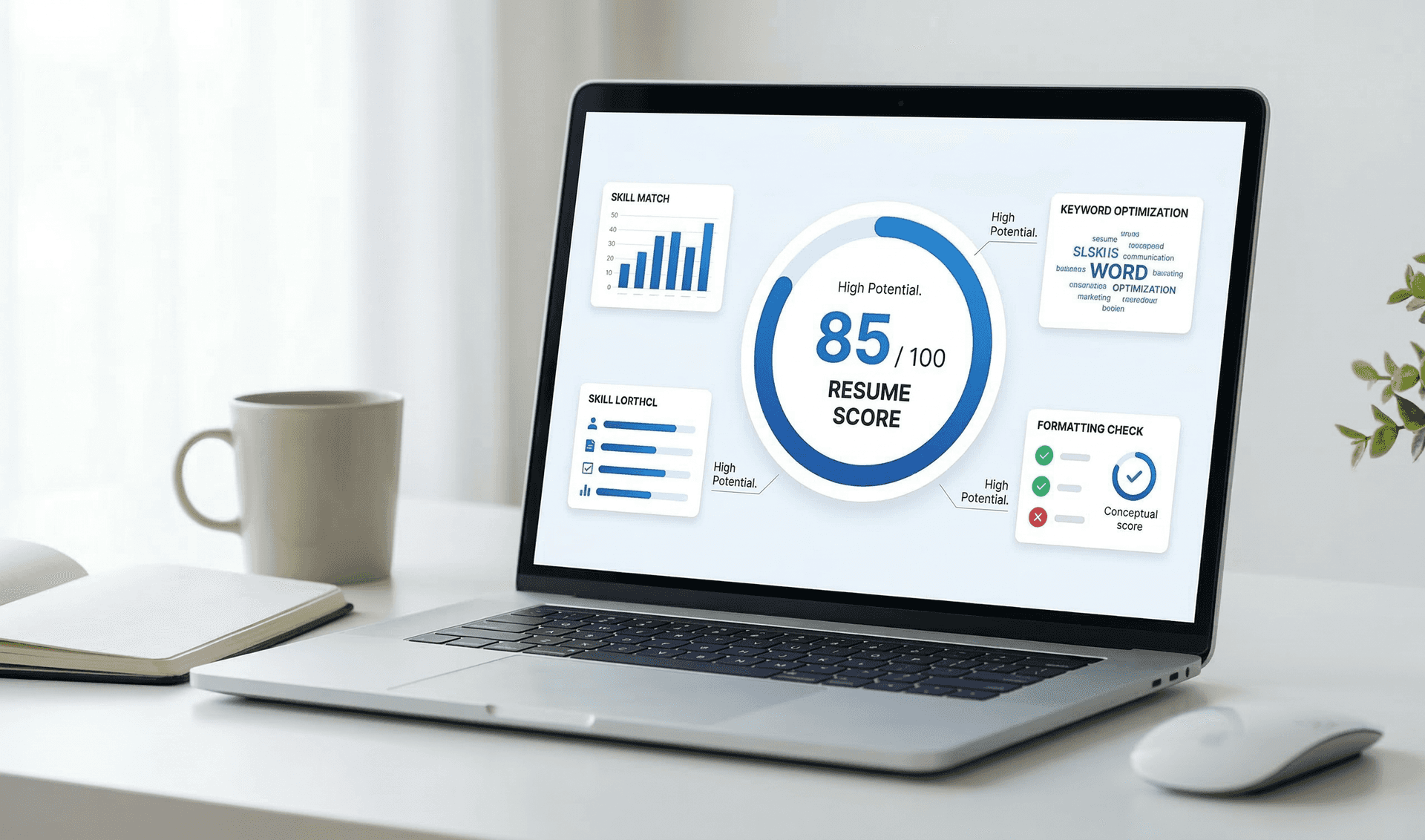 ATS resume checker dashboard showing resume score of 85 out of 100