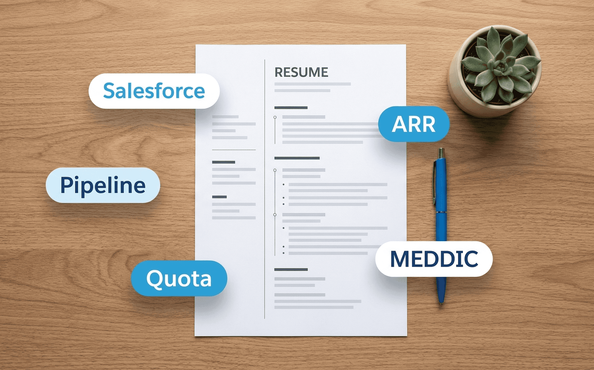 Sales resume with ATS keywords including Salesforce pipeline quota ARR and MEDDIC on modern desk