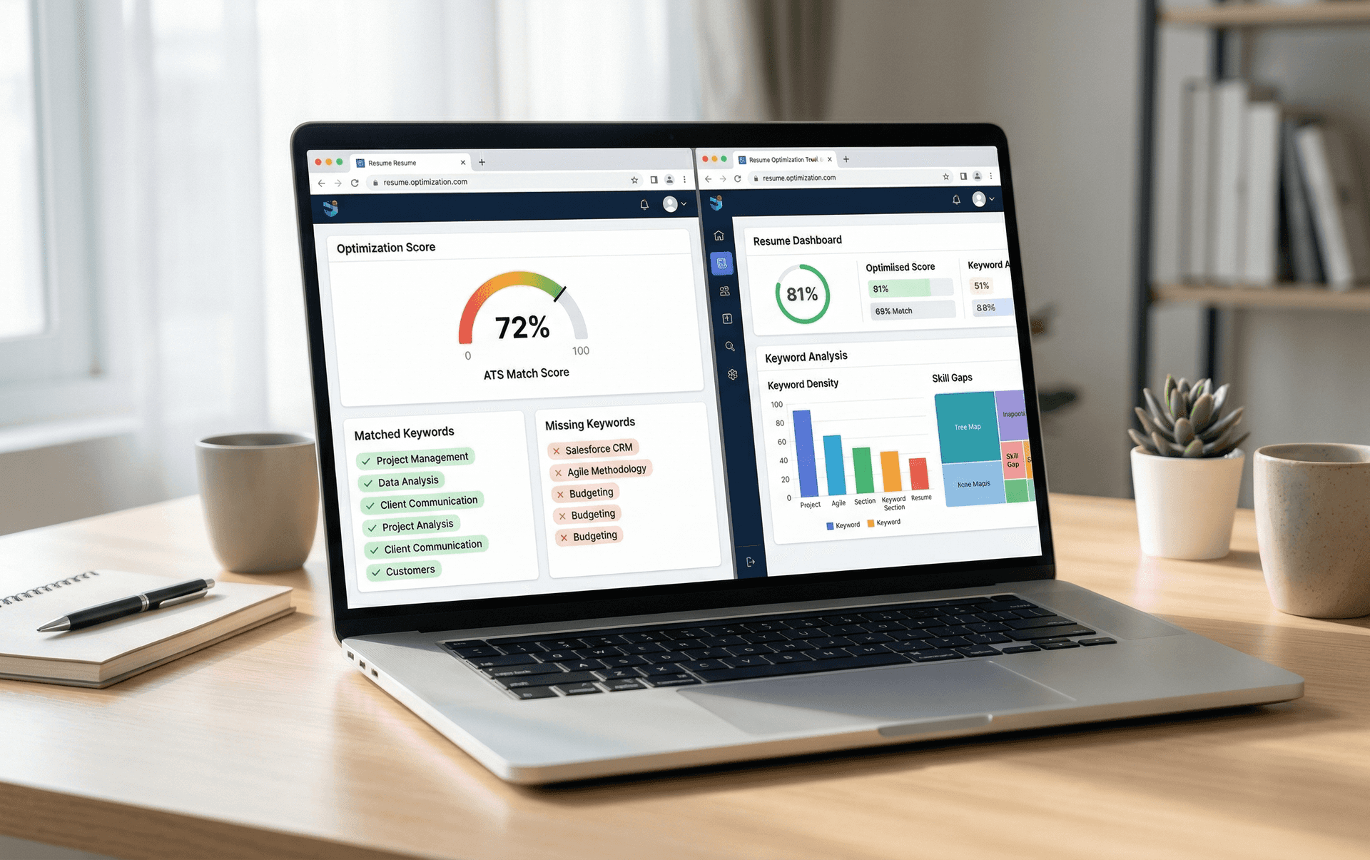 ATS resume checker comparison showing keyword match scores and missing keywords on laptop screen