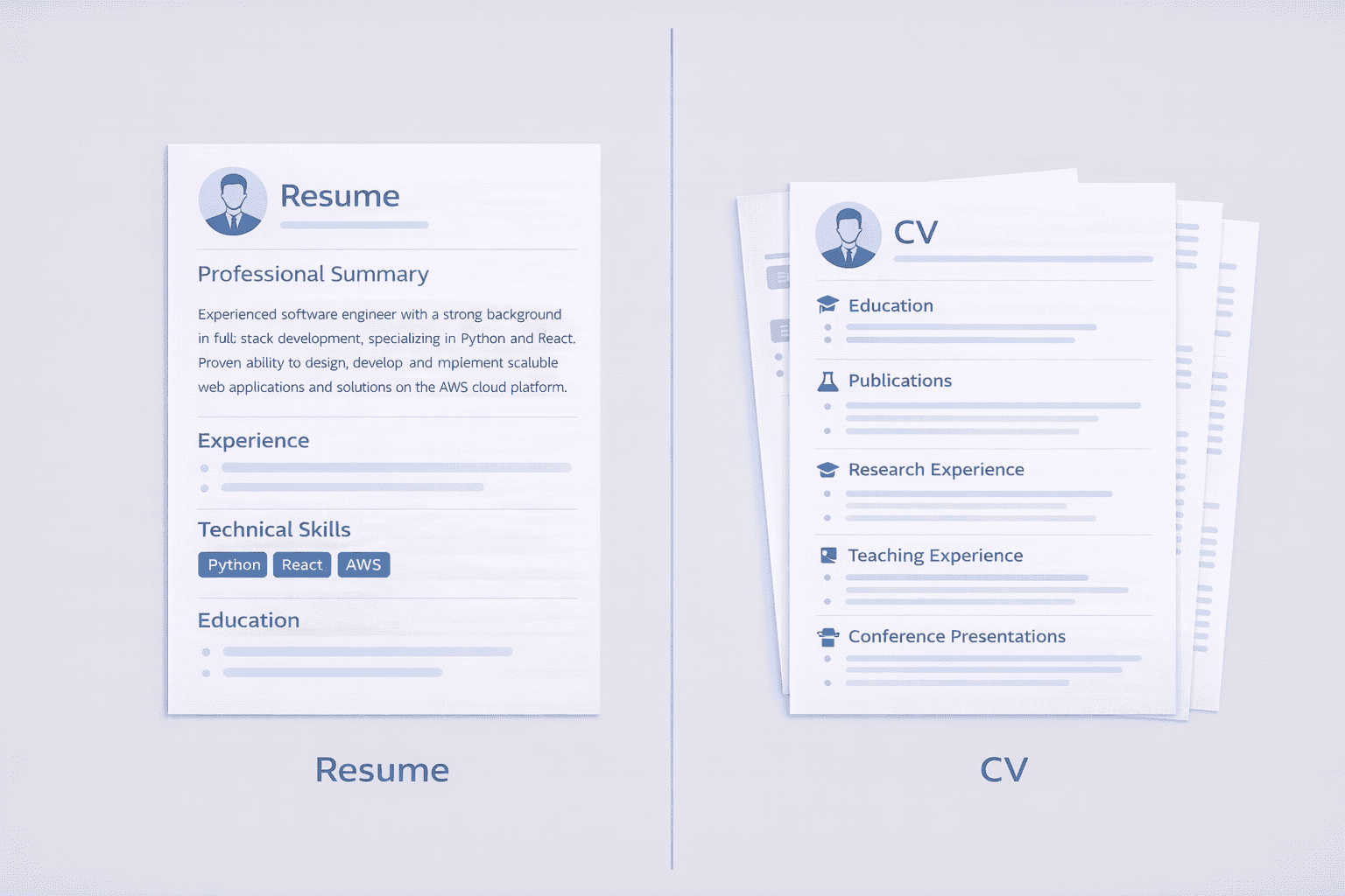 Side-by-side comparison of resume vs CV showing key visual differences between one-page resume and multi-page CV
