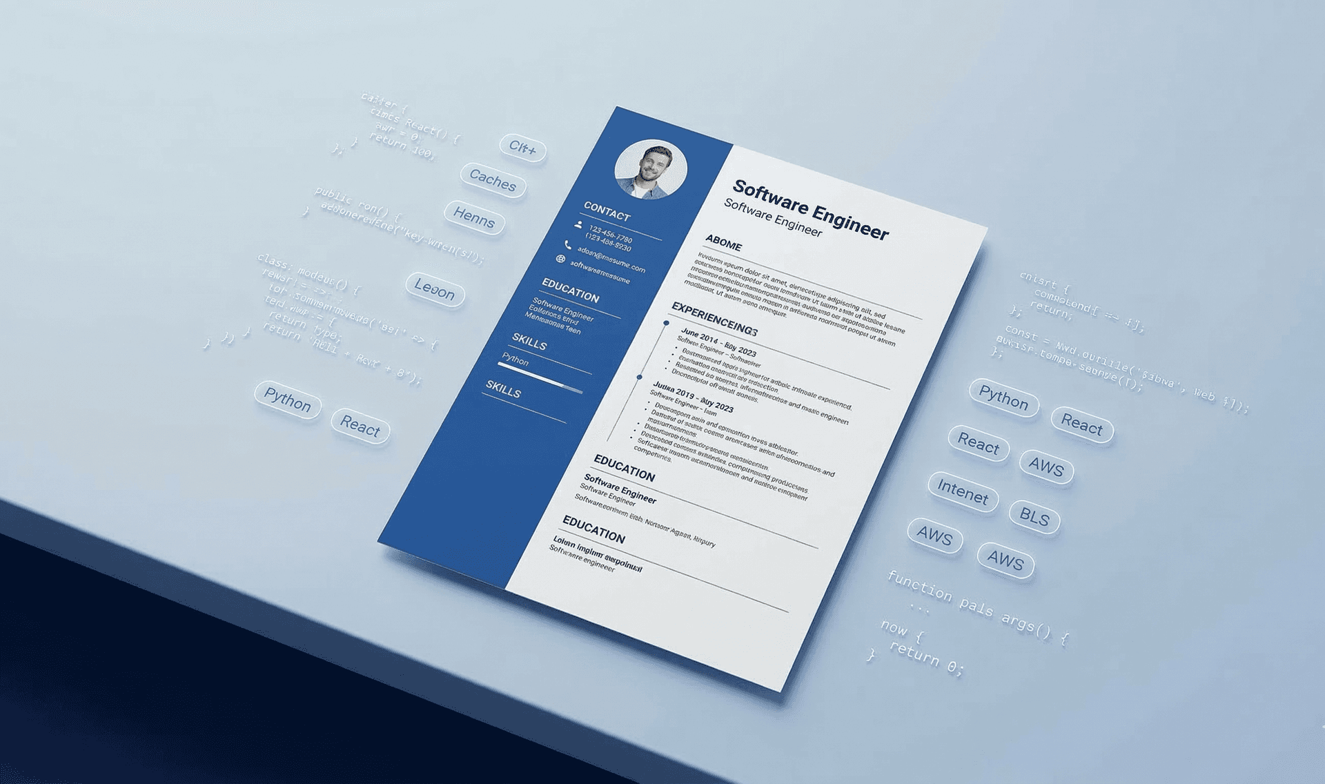 Software engineer resume with tech skill tags including Python React and AWS on modern desk