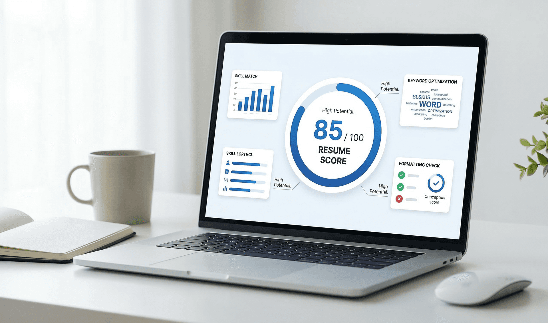 ATS resume checker dashboard showing resume score of 85 out of 100