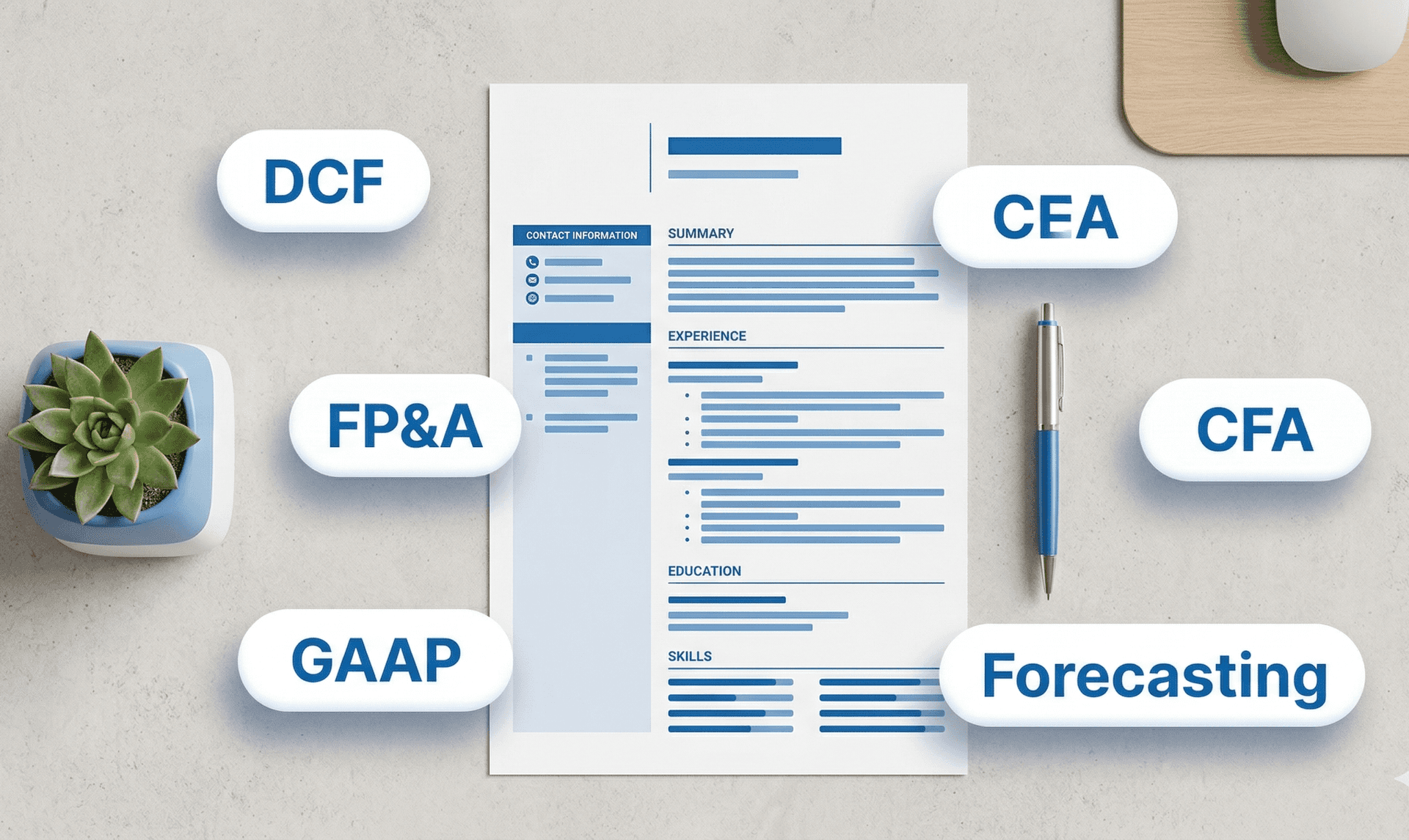 Finance resume with ATS keywords including DCF FPA GAAP CFA and forecasting on minimal desk
