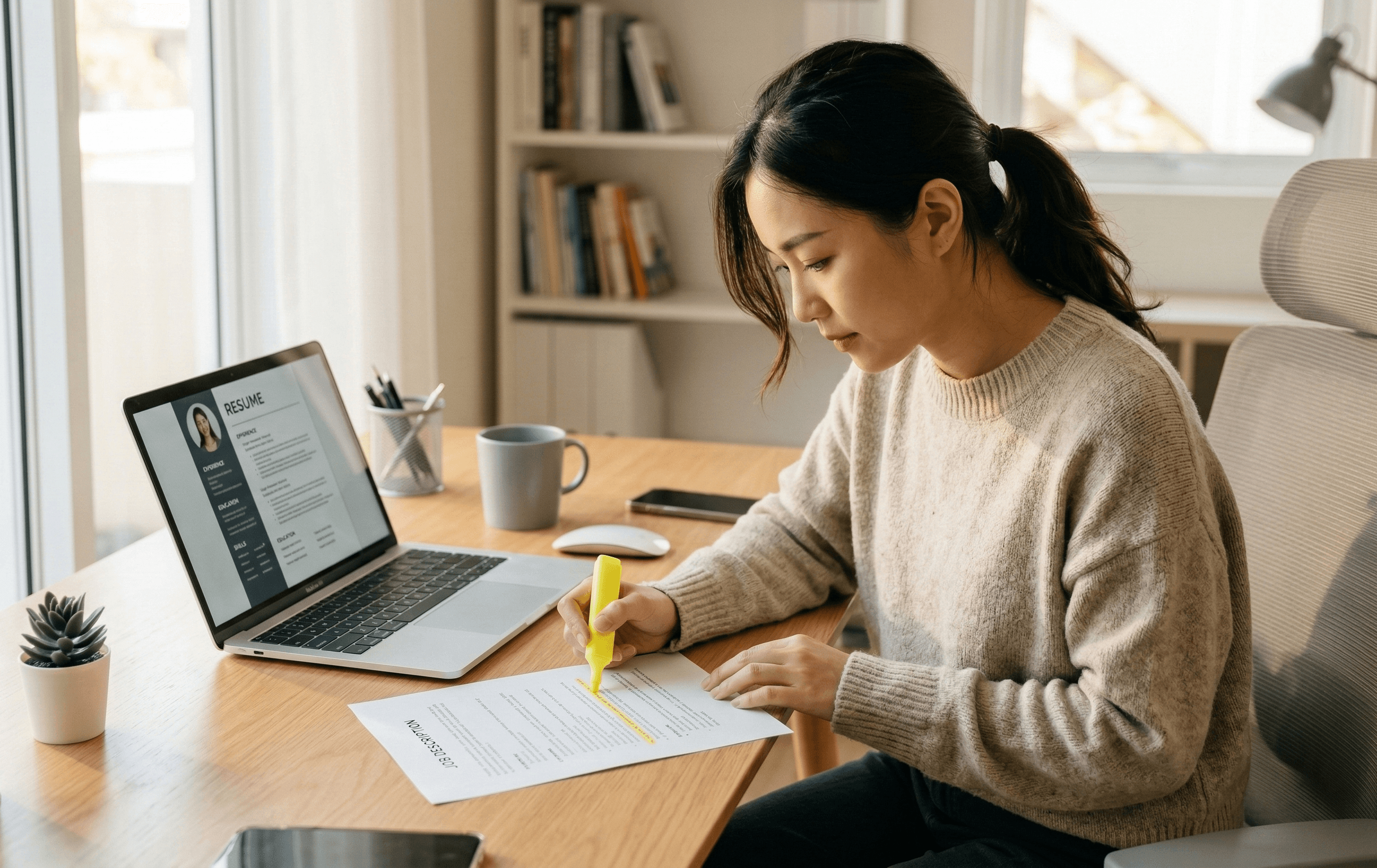 Clean ATS friendly resume with green checkmark approval on modern desk