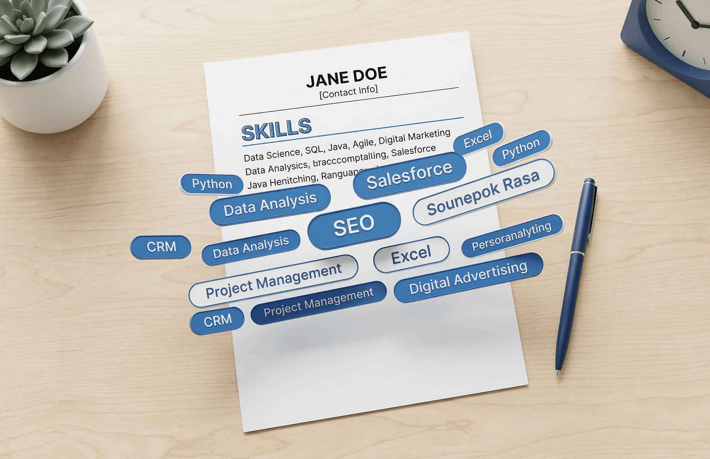 Resume skills section with skill tags including Python SEO Salesforce and Excel