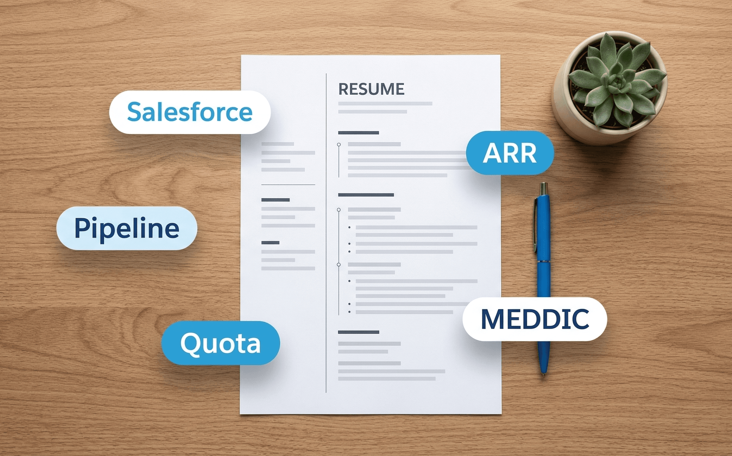 Sales resume with ATS keywords including Salesforce pipeline quota ARR and MEDDIC on modern desk