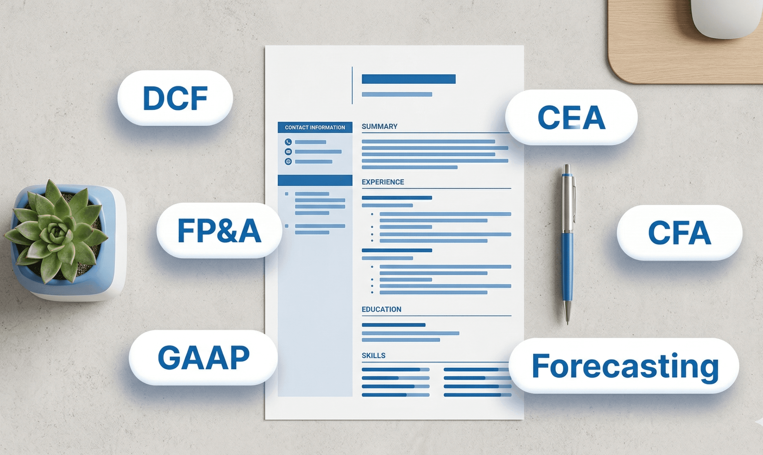 Finance resume with ATS keywords including DCF FPA GAAP CFA and forecasting on minimal desk
