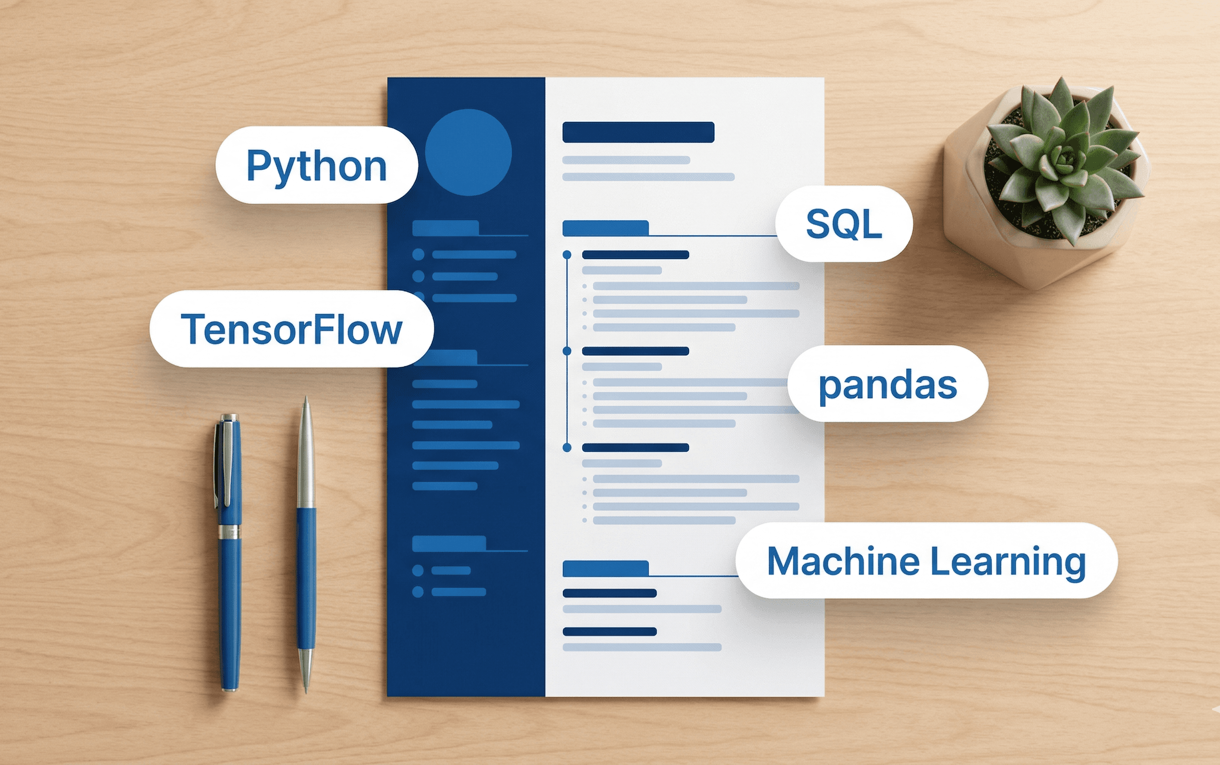 Data science resume with ATS keywords including Python TensorFlow SQL pandas and machine learning on minimal desk