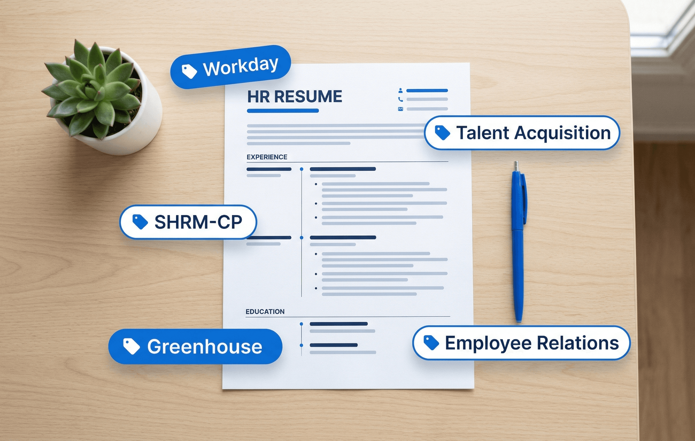 HR resume with ATS keywords including Workday SHRM-CP Greenhouse talent acquisition and employee relations on minimal desk