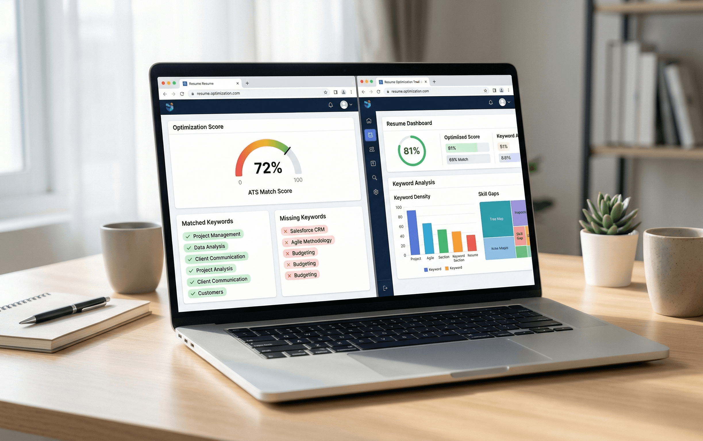 ATS resume checker comparison showing keyword match scores and missing keywords on laptop screen