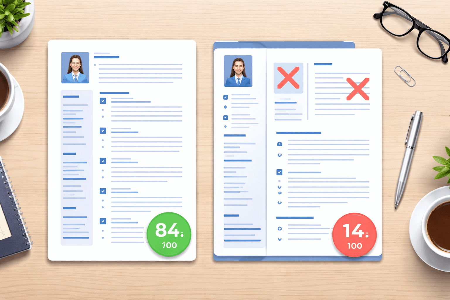 Professional cover letter and resume on minimal desk with green checkmarks showing ATS optimized cover letter structure