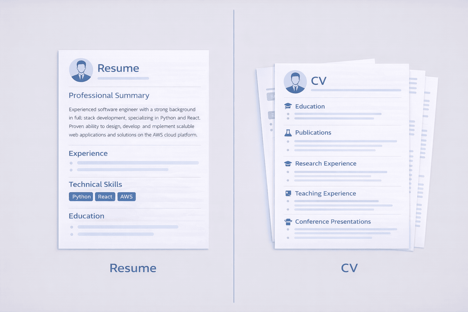 Side-by-side comparison of resume vs CV showing key visual differences between one-page resume and multi-page CV