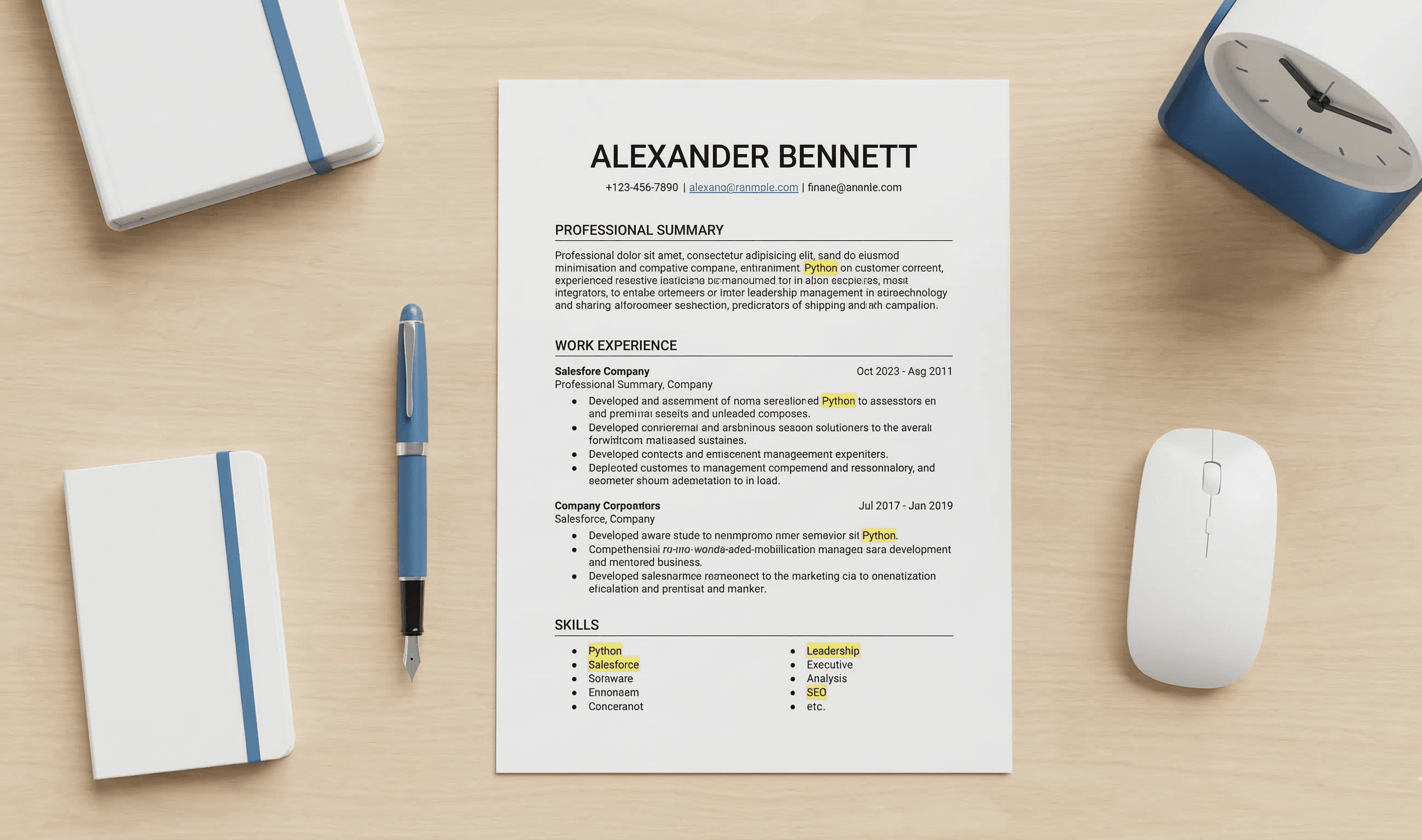 Resume document with keywords highlighted in yellow including Python Salesforce and SEO