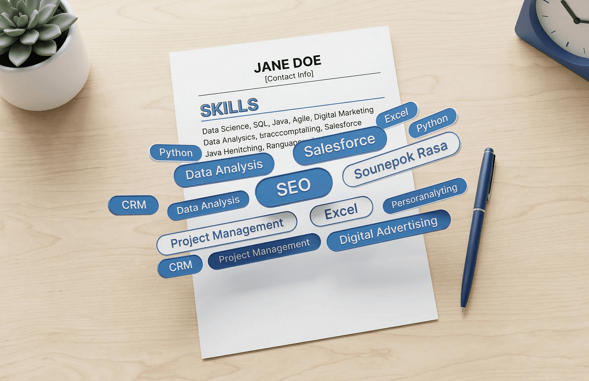 Resume skills section with skill tags including Python SEO Salesforce and Excel