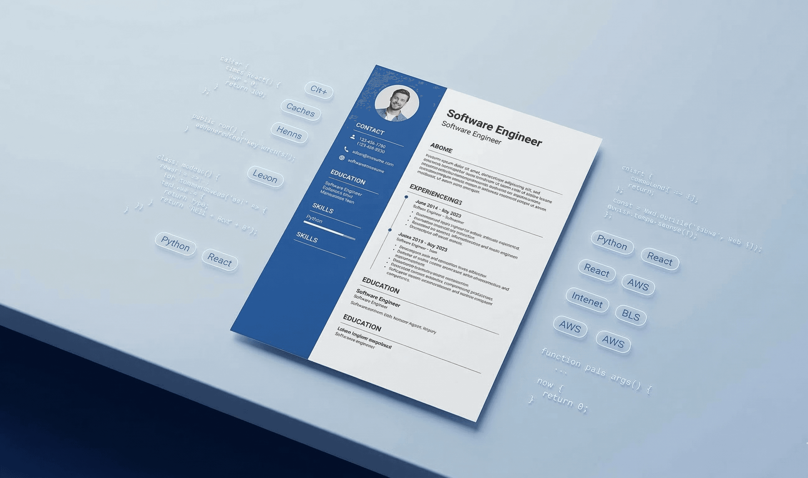 Software engineer resume with tech skill tags including Python React and AWS on modern desk