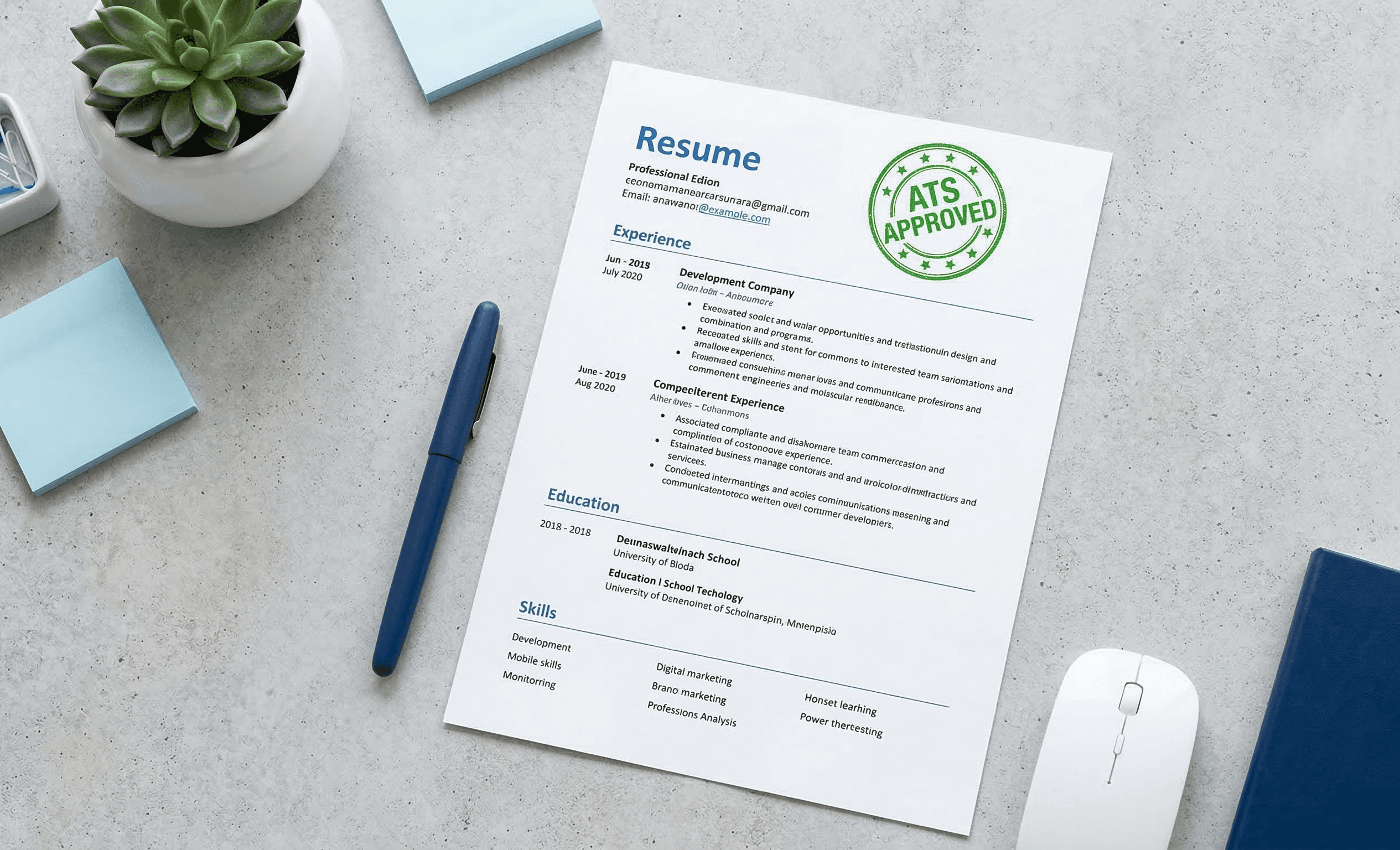 Clean ATS approved resume document on modern desk representing ATS resume builder