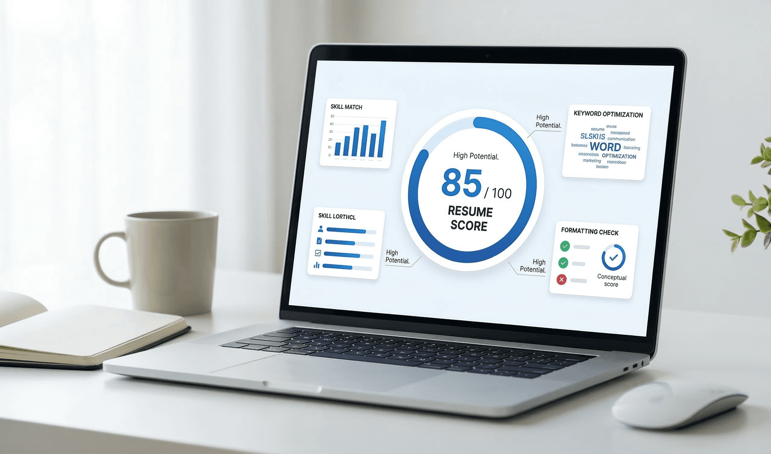 ATS resume checker dashboard showing resume score of 85 out of 100