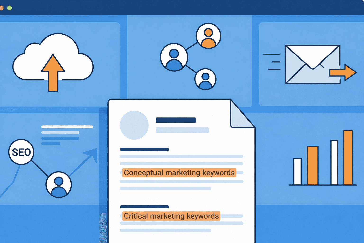 ATS resume keywords for marketing jobs shown on a resume with digital marketing channel icons