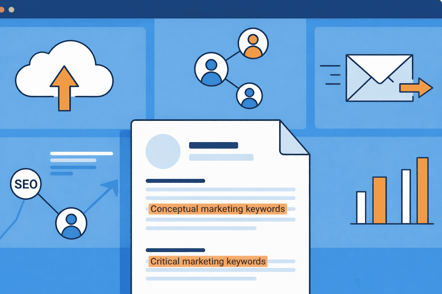 ATS resume keywords for marketing jobs shown on a resume with digital marketing channel icons