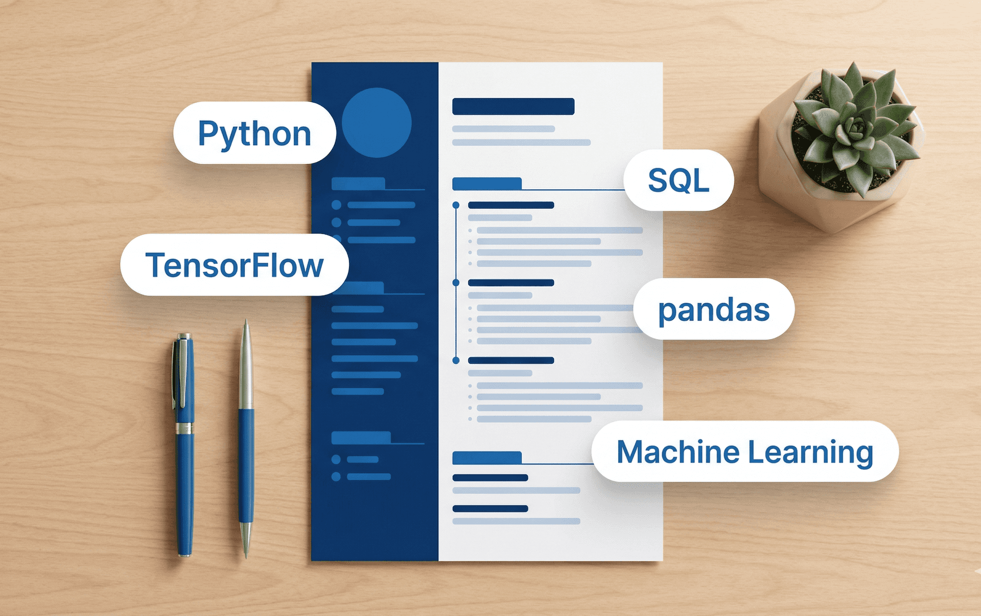 Data science resume with ATS keywords including Python TensorFlow SQL pandas and machine learning on minimal desk