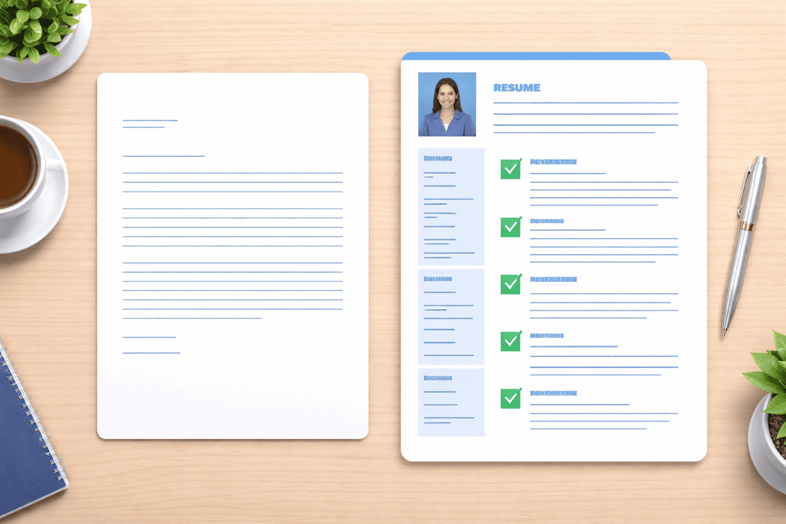 Professional cover letter and resume on minimal desk with green checkmarks showing ATS optimized cover letter structure