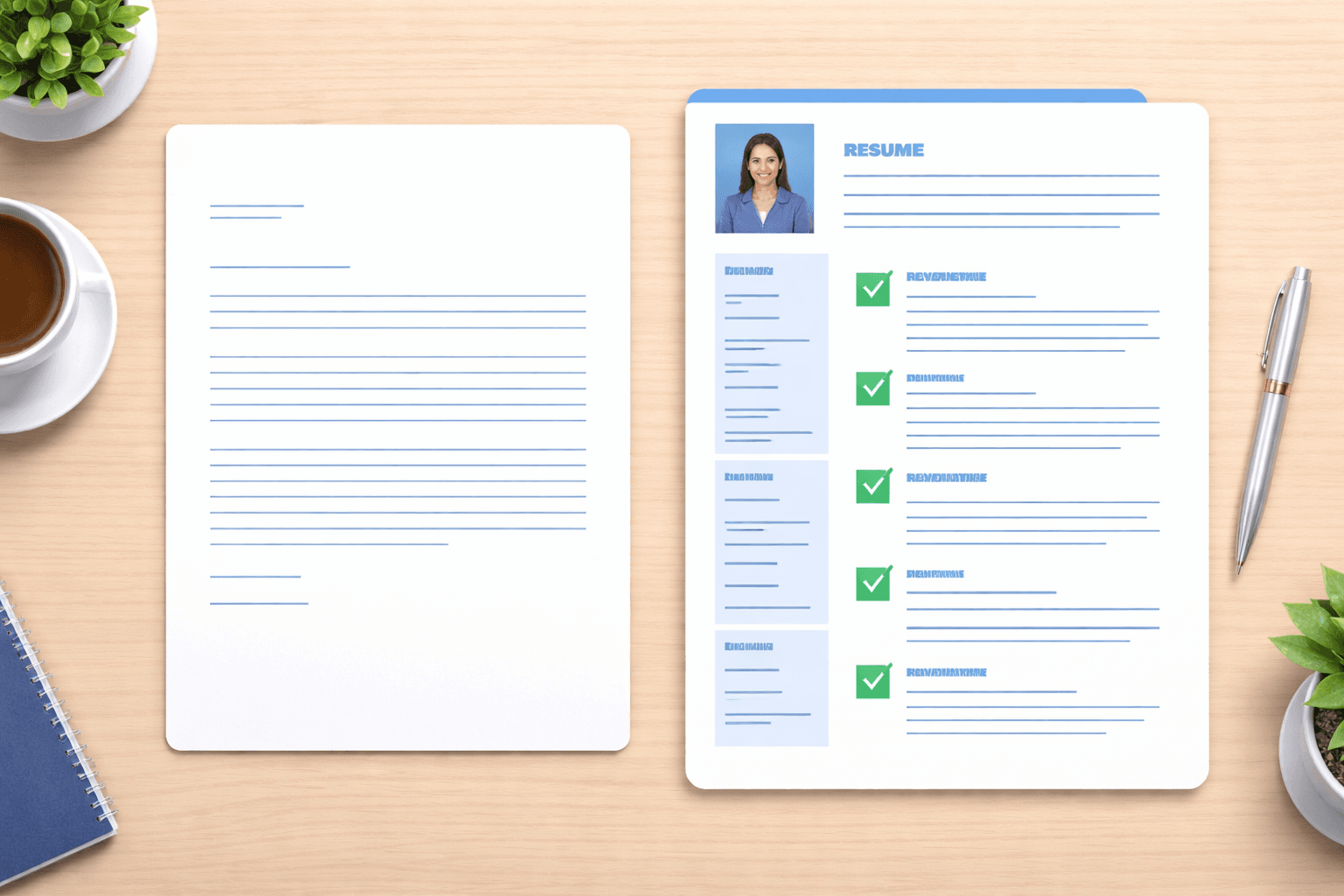 Professional cover letter and resume on minimal desk with green checkmarks showing ATS optimized cover letter structure