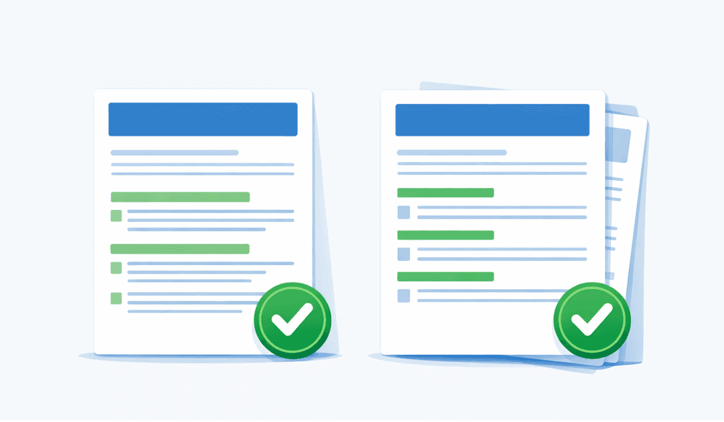 One page vs two page resume comparison both ATS compatible in 2026 depending on experience level