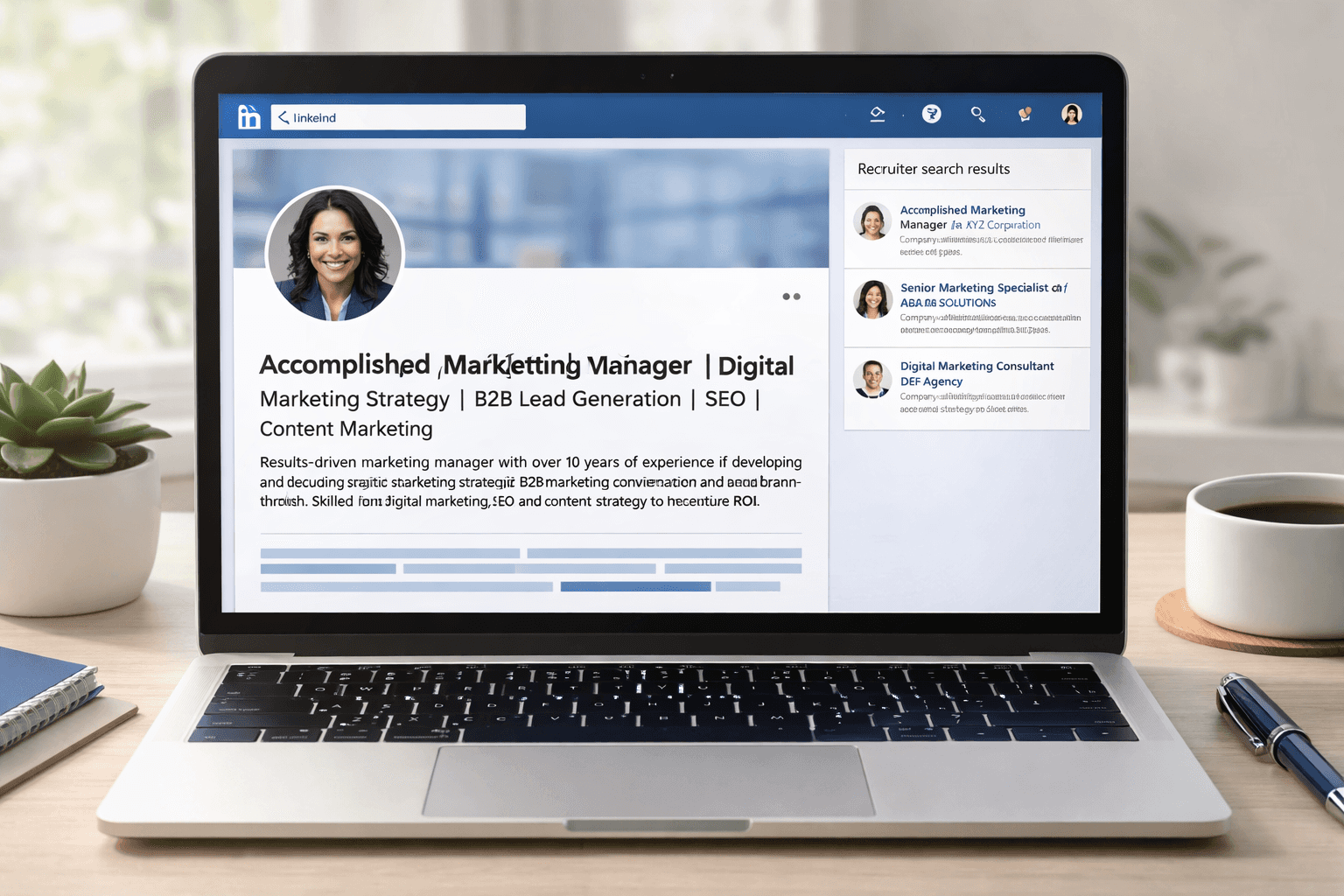 LinkedIn profile optimization showing keyword rich headline professional photo and recruiter search results on laptop screen