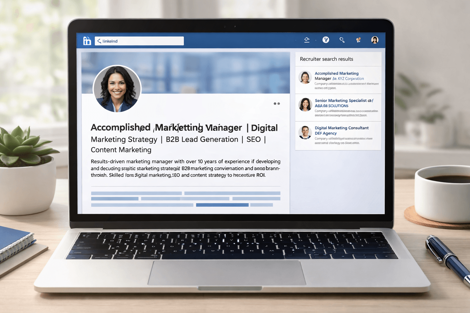 LinkedIn profile optimization showing keyword rich headline professional photo and recruiter search results on laptop screen