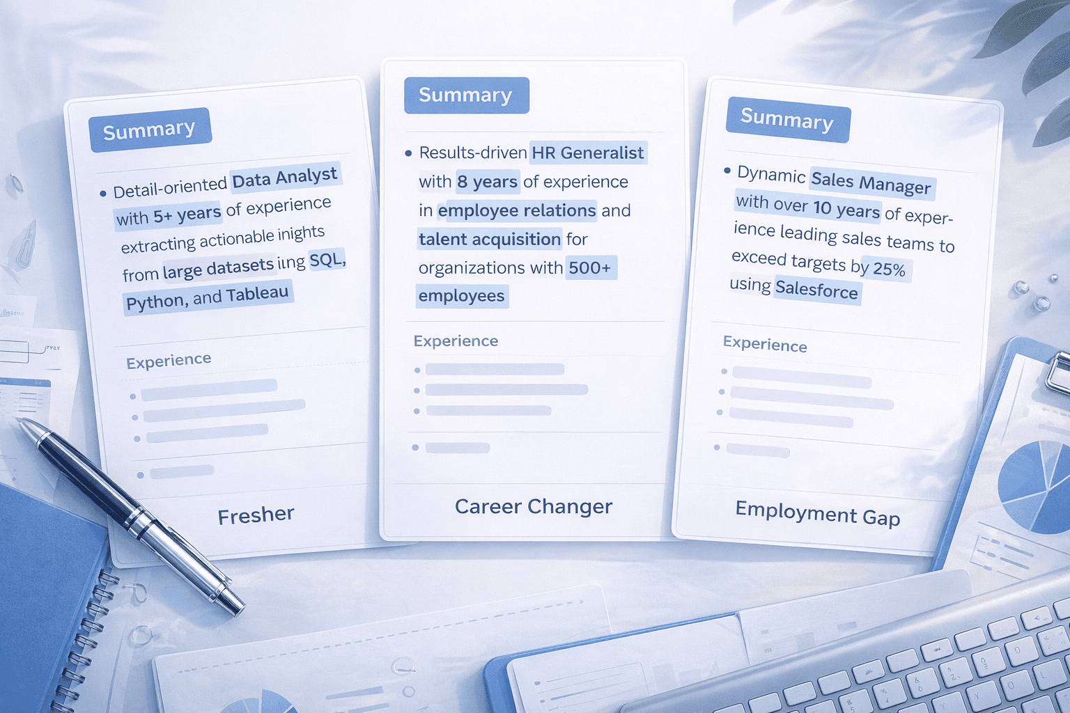 Resume objective versus professional summary comparison showing generic objective and specific keyword-rich summary