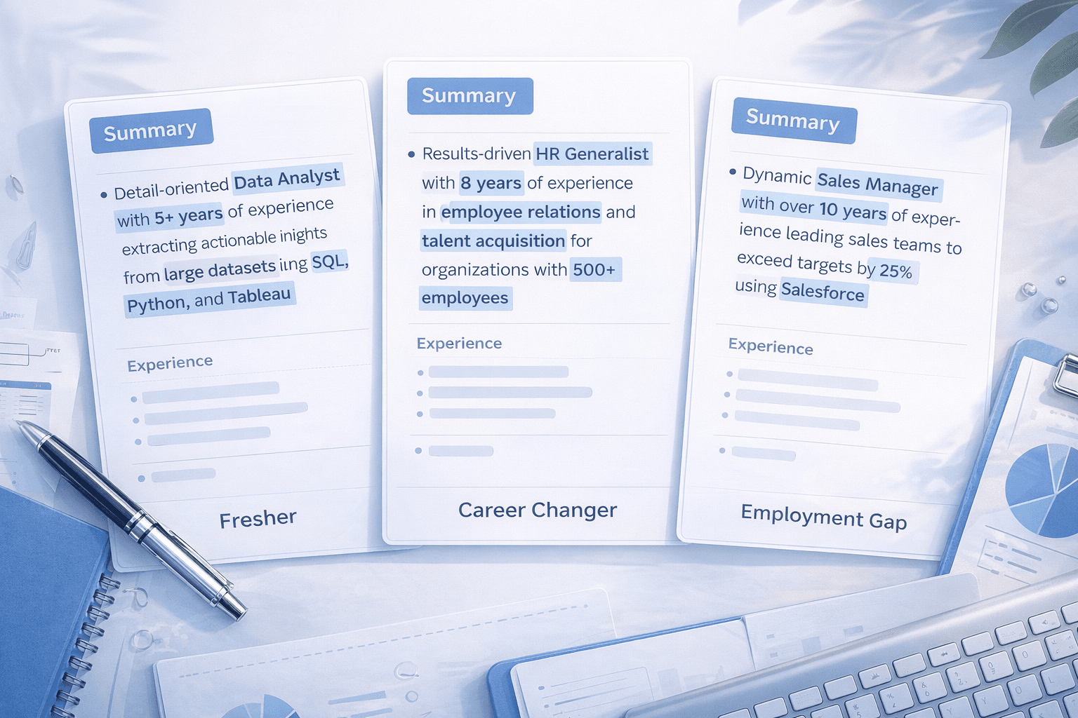 Resume objective versus professional summary comparison showing generic objective and specific keyword-rich summary