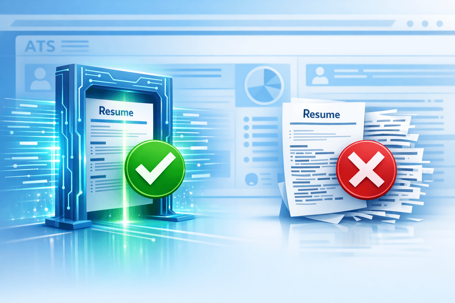 Resume beating ATS system showing green checkmark for optimized resume versus red X rejection for unoptimized resume
