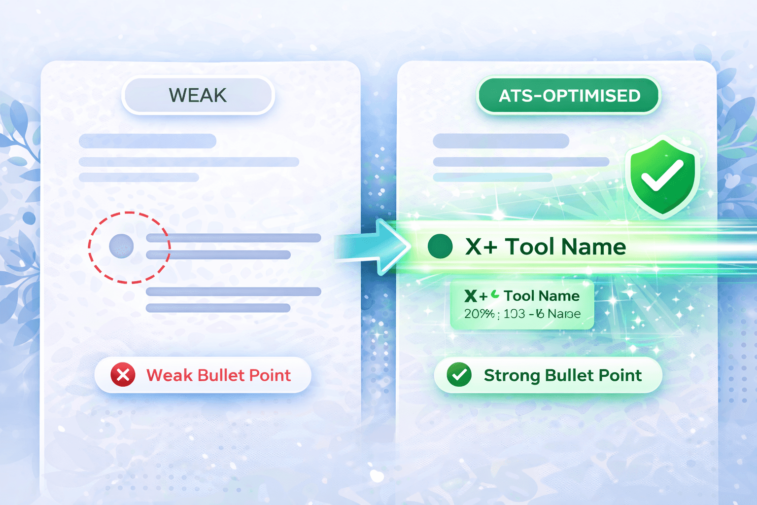 Weak resume bullet point vs strong ATS-optimised bullet point with action verb tool and measurable result