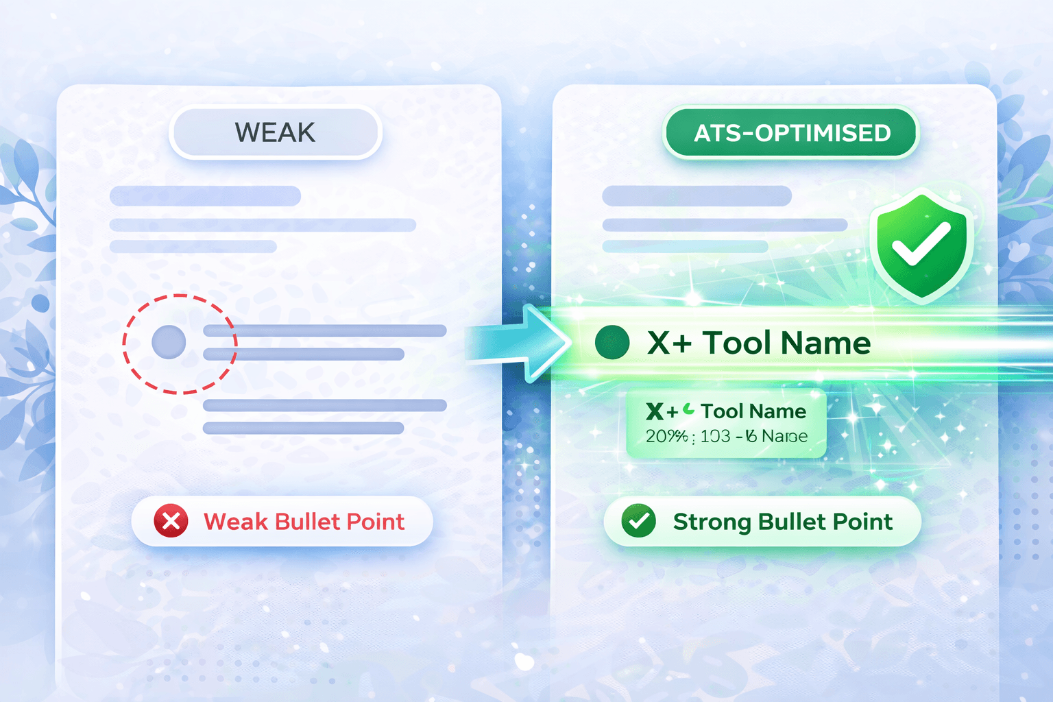 Weak resume bullet point vs strong ATS-optimised bullet point with action verb tool and measurable result