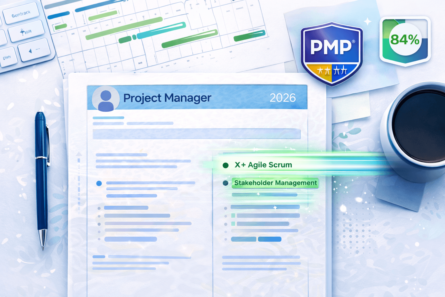 Project manager resume 2026 with PMP certification and ATS keywords showing Agile Scrum and stakeholder management terms
