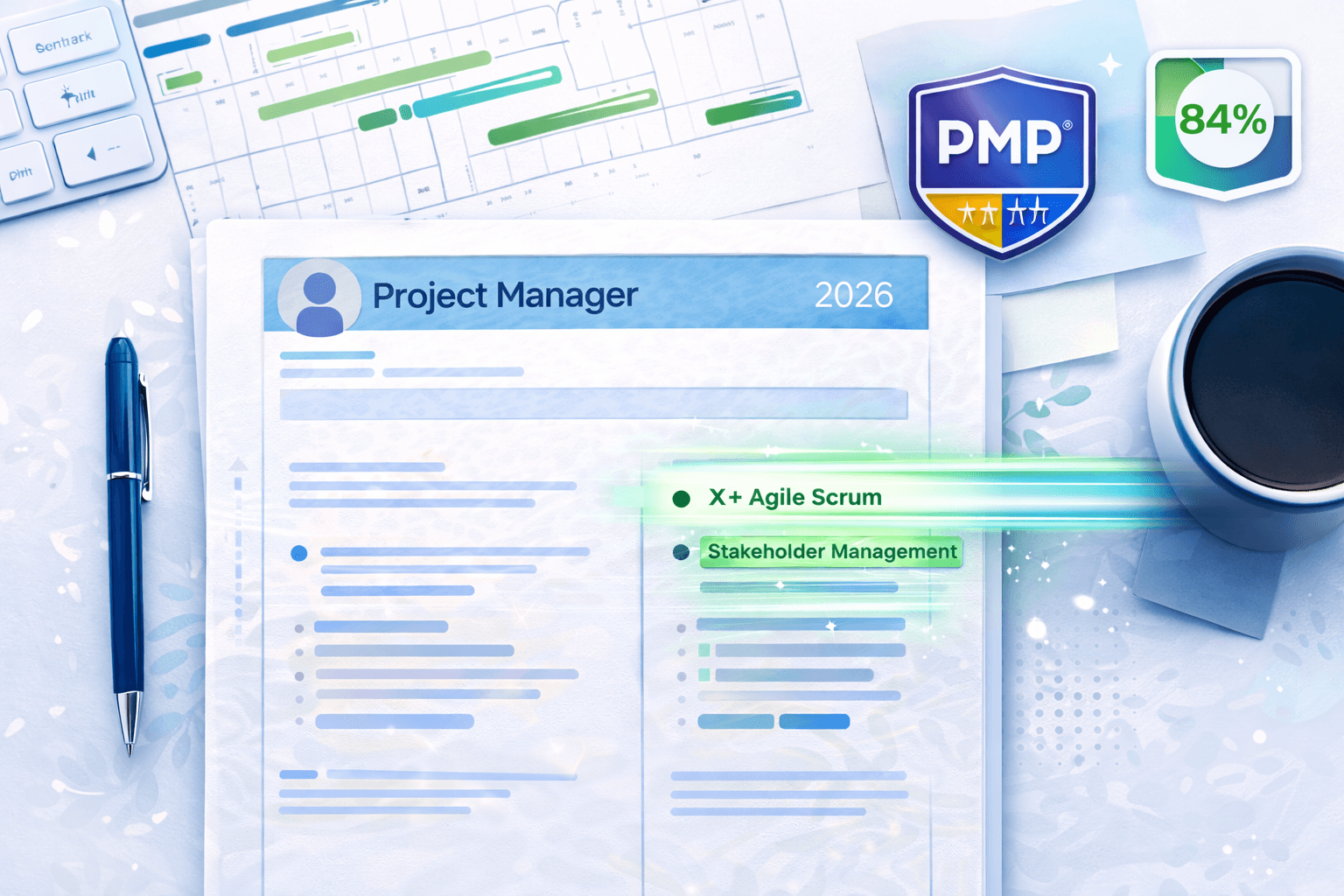 Project manager resume 2026 with PMP certification and ATS keywords showing Agile Scrum and stakeholder management terms