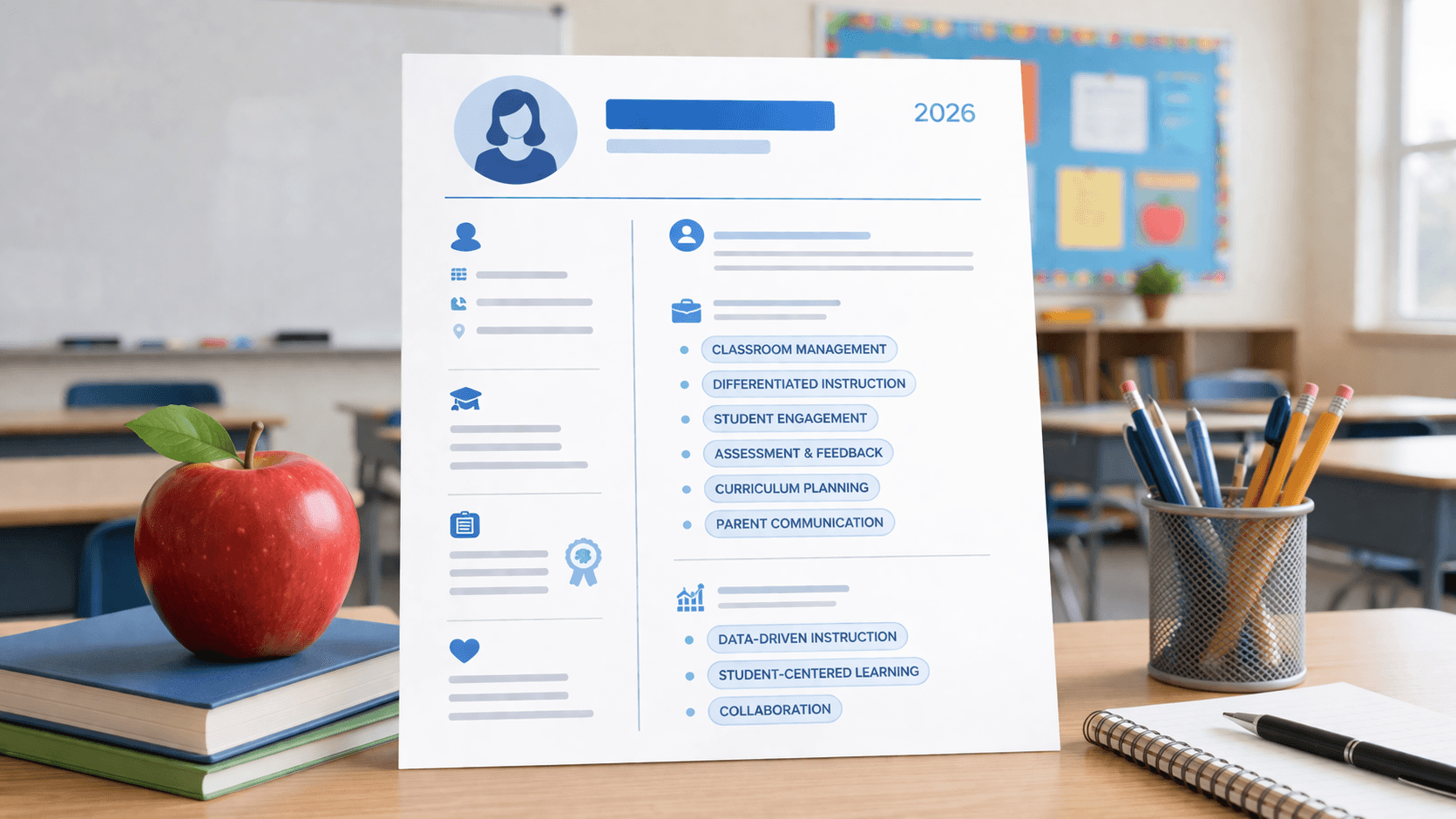 Teacher resume 2026 on desk with highlighted ATS keywords and classroom background showing education resume format