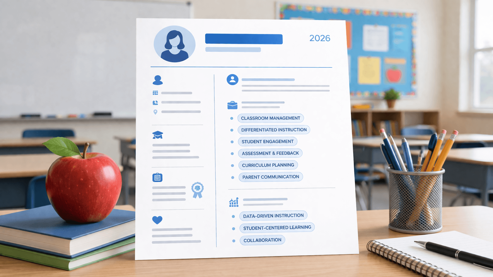 Teacher resume 2026 on desk with highlighted ATS keywords and classroom background showing education resume format