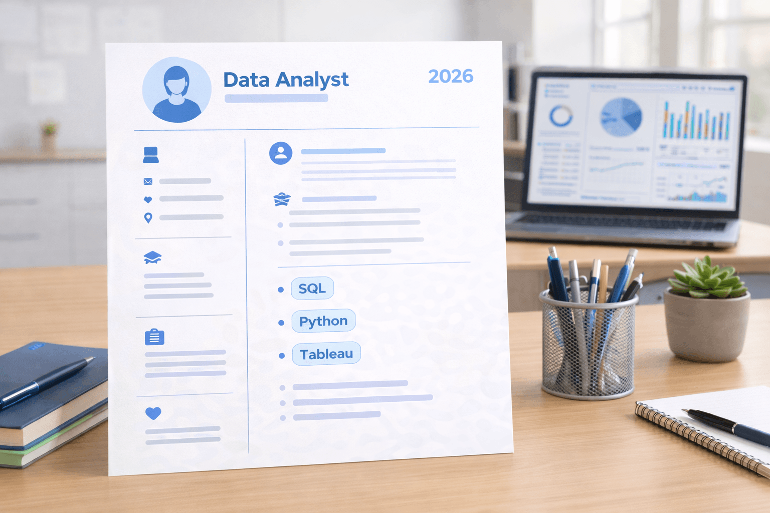 Clean data analyst resume on minimal desk showing SQL Python Tableau keywords