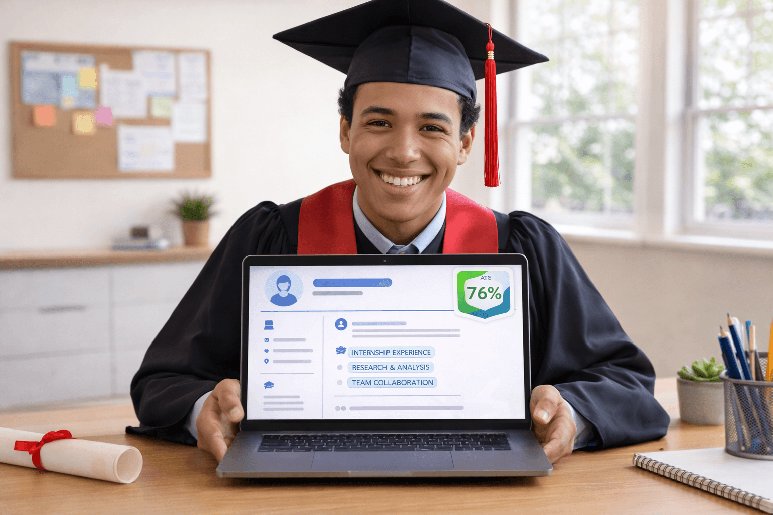 Fresh graduate holding laptop with first resume on screen wearing graduation attire at desk