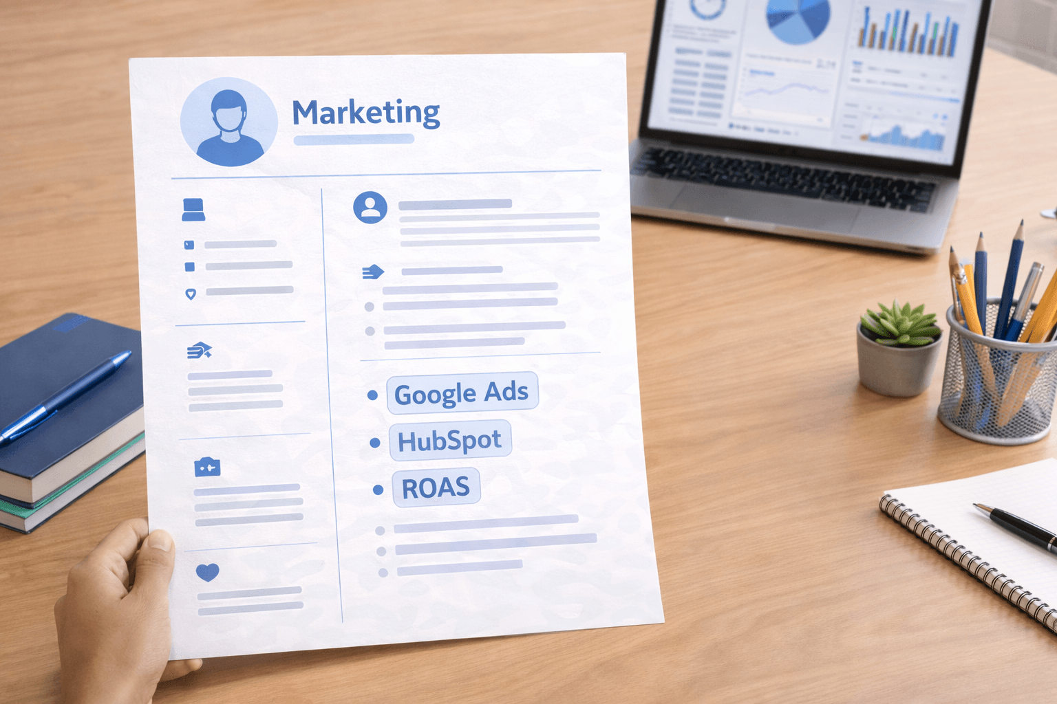 Clean marketing resume on minimal desk showing digital marketing keywords Google Ads HubSpot ROAS highlighted