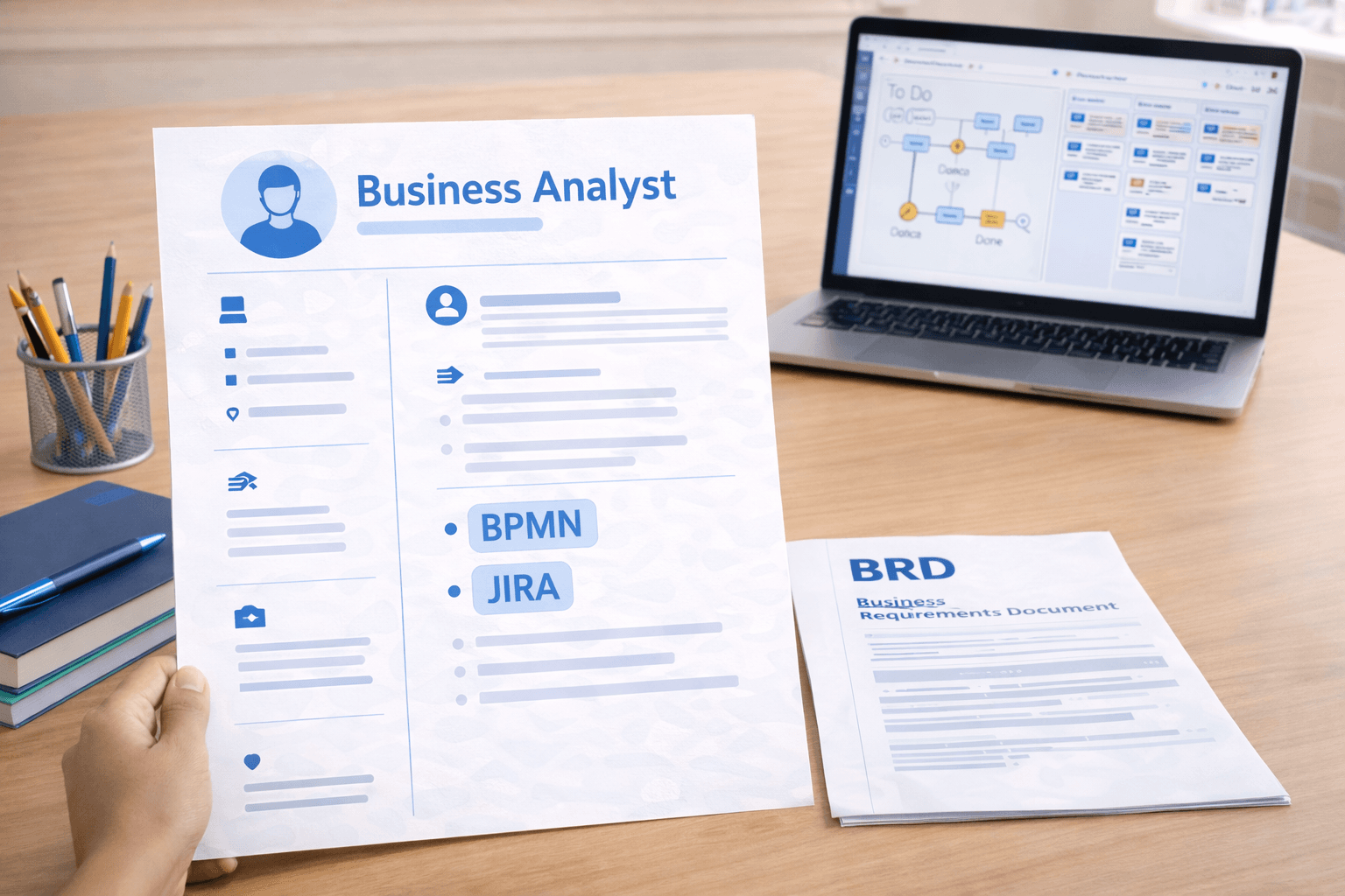 Business analyst resume on desk with BPMN process diagram