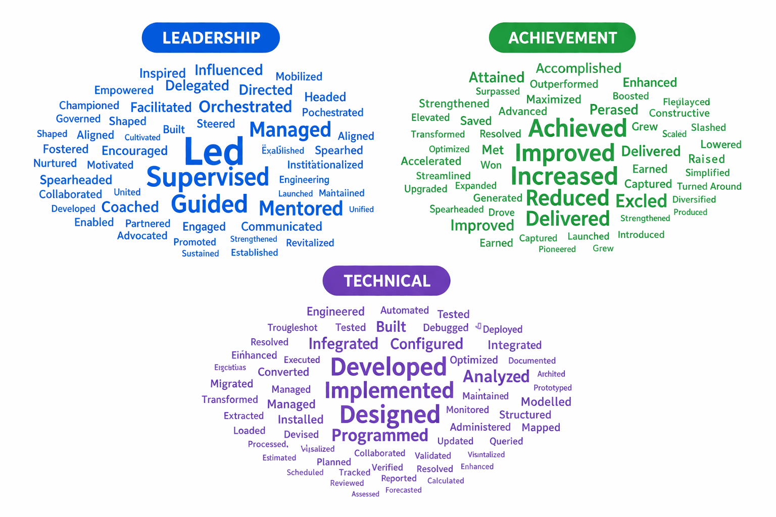 resume action verbs in a colorful organized word cloud arranged by category