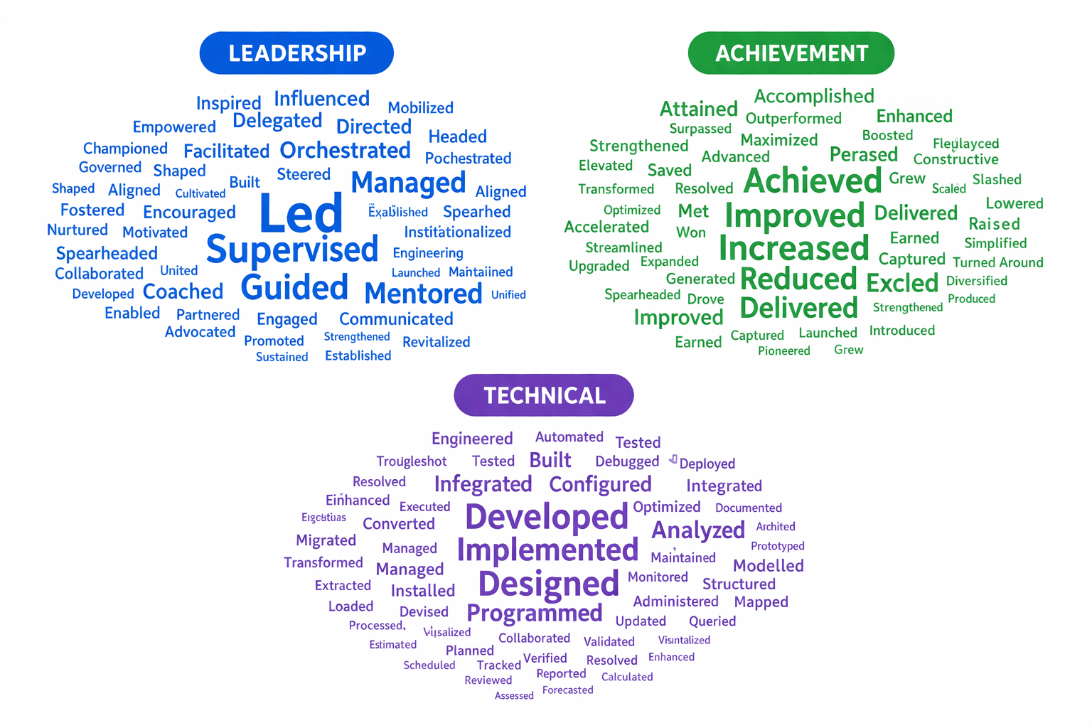 resume action verbs in a colorful organized word cloud arranged by category