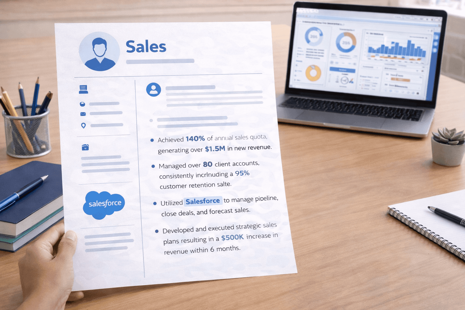 Sales resume 2026 showing quota attainment metrics Salesforce CRM keywords and revenue figures highlighted