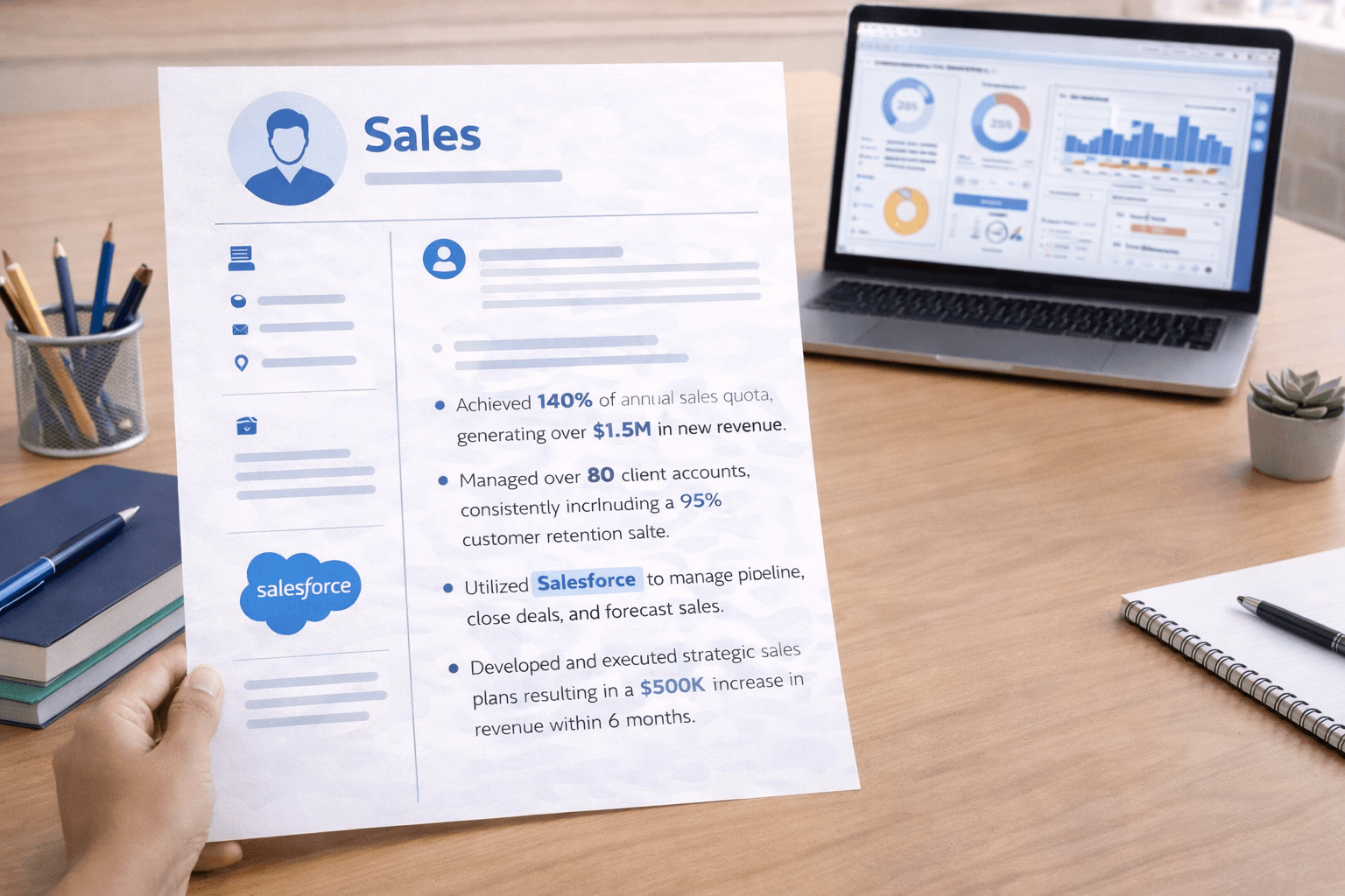 Sales resume 2026 showing quota attainment metrics Salesforce CRM keywords and revenue figures highlighted