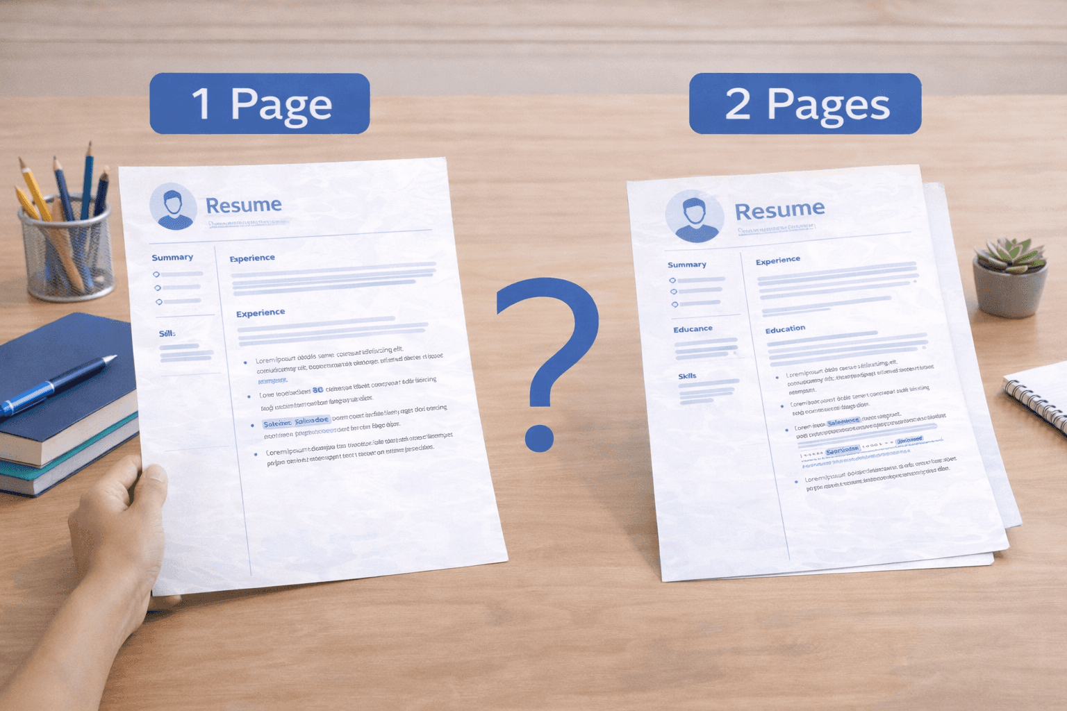 One page versus two page resume comparison showing which resume length is right for different experience levels in 2026