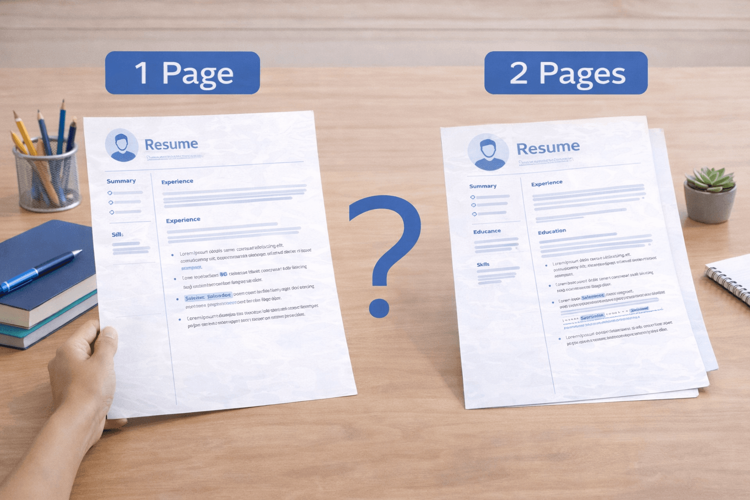 One page versus two page resume comparison showing which resume length is right for different experience levels in 2026