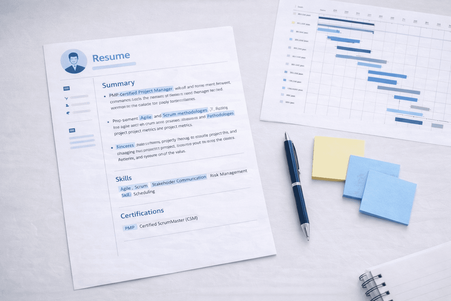 Project manager resume with ATS keywords highlighted showing must-have terms for PM roles in including PMP Agile Scrum & Jira