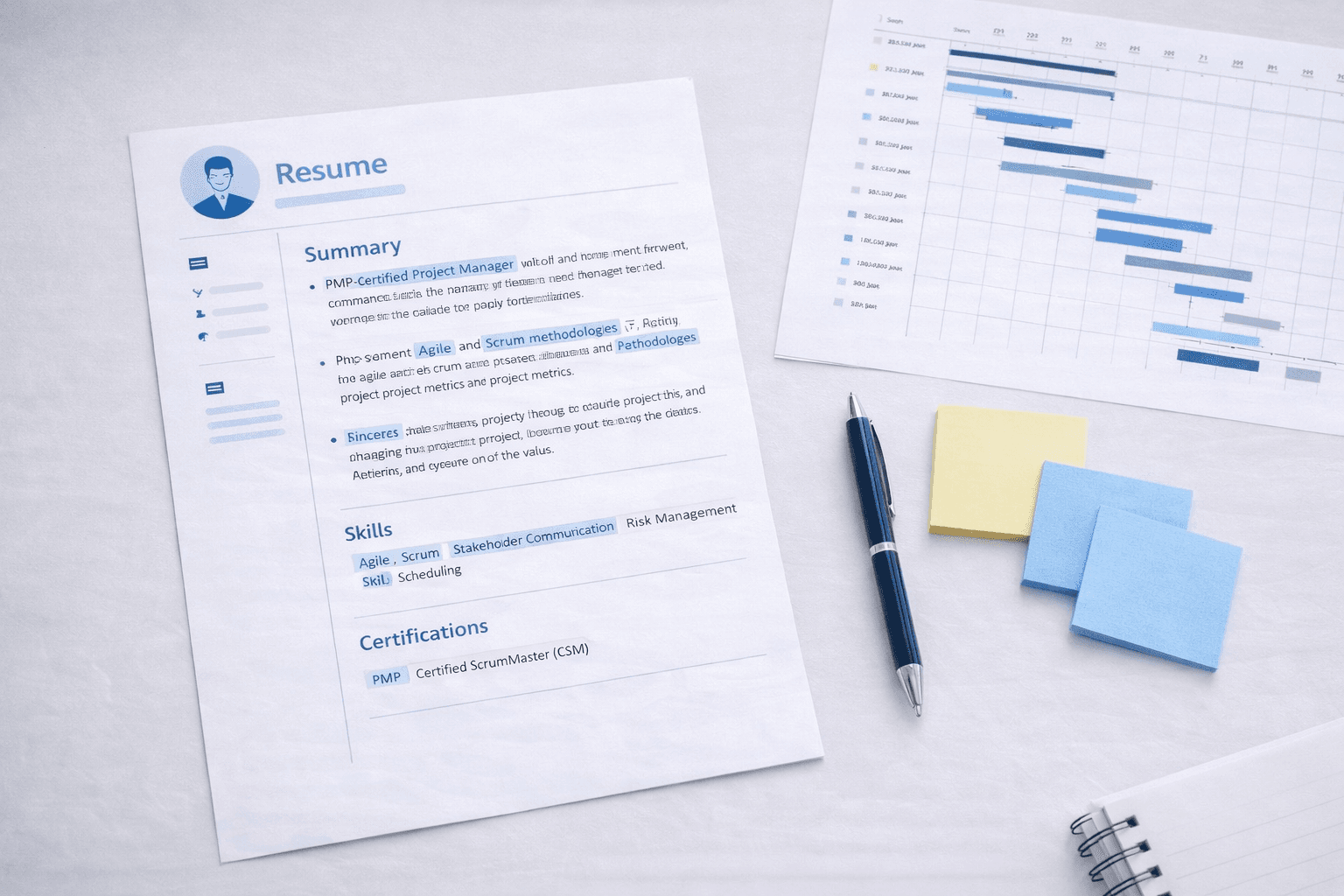 Project manager resume with ATS keywords highlighted showing must-have terms for PM roles in including PMP Agile Scrum & Jira